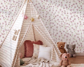 Removable rustic nursery DIY wallpaper, French country floral girl peel and stick self adhesive accent wall paper decor, playroom covering