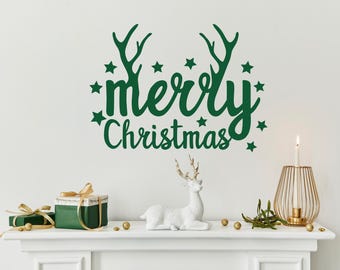 DIY Merry Christmas wall decal with deer, storefront removable winter holiday vinyl decor sign, vintage decoration AW9