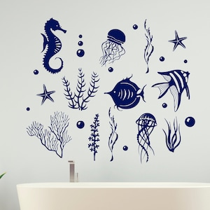 Vis muurstickers - Sea Life vinyl sticker - schelpen nautische stickers - oceaan stickers - dier - nautische zee oceaan - badkamer schelpen SM164