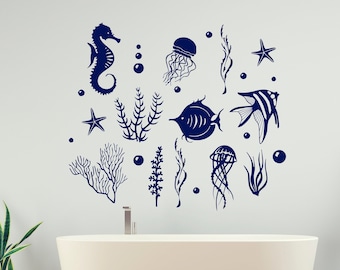 Fish Wall Decals - Sea Life Vinyl Sticker - Shells Nautical Decals - Ocean Decals - Animal - Nautical Sea Ocean - Bathroom Seashells SM164