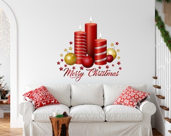 Merry Christmas removable DIY wall decal, winter holiday vinyl decor candles sign, storefront vintage decoration