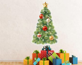 DIY removable Christmas tree wall decal, full color DIY winter holiday vinyl decor sign, storefront vintage decoration