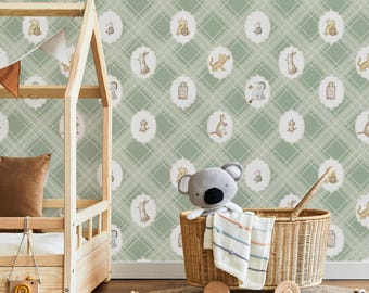 Removable classic Winnie the Pooh nursery blue wallpaper, peel & stick Tigger, Eeyore, Owl room toddler wall accent decor, playroom covering