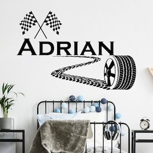 Checkered Flags Wall Decals - Vinyl Stickers - Personalized Name - Nursery Decor - Boy Name Decal - Racing Car - Race Children&#39;s Art SM195