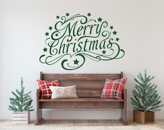 Large Merry Christmas wall decal, DIY removable winter holiday vinyl decor sign, storefront vintage decoration