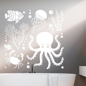 Oktopus Sea Life Wandaufkleber - Badezimmer Aufkleber Vinyl - Nautische Dekoration - Ozean-Aufkleber - Tier nautische Kinderzimmer - Algen Aufkleber SM168