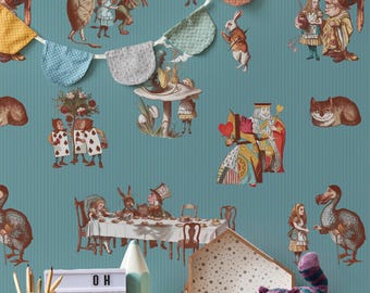 Alice in Wonderland blue wallpaper, peel and stick fairytale classic wall accent decor, rustic playroom wall covering