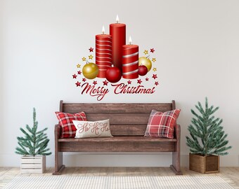 Removable DIY Merry Christmas wall decal, winter holiday vinyl decor candles sign, storefront vintage decoration