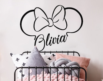 Minnie Maus Ohren mit Schleife - Name Vinyl Aufkleber - Mädchenzimmer Dekor - Minnie Maus Aufkleber - Kinderzimmer Dekor SM284