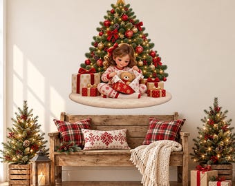Removable DIY Merry Christmas tree wall decal, winter holiday vinyl decor sign, storefront vintage living room decoration