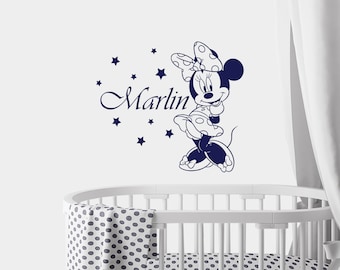 Calcomanías de pared con nombre de niña - Vinilo personalizado - Decoración para habitación de niña - Calcomanía de Minnie Mouse - Pegatina con nombre para habitación de bebé - Minnie Mouse SM74