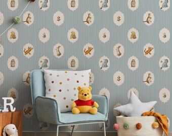 Winnie the Pooh nursery wall art, boy and girl DIY peel and stick room toddler playroom wallpaper, wall covering