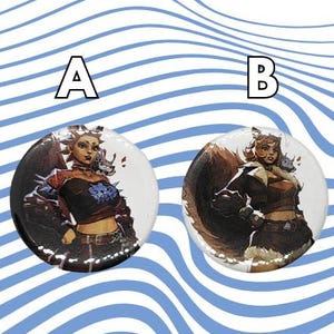 May include: Two round buttons with images of a woman in a black and white outfit. The woman on the left button is wearing a black jacket and a white shirt. The woman on the right button is wearing a white jacket and a black shirt. Both buttons have a white background.