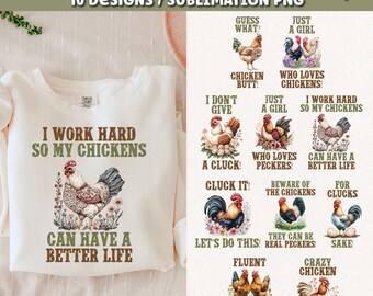 Chicken t-shirt Sublimation PNG Bundle, 10 Farm Designs (Digital Download)