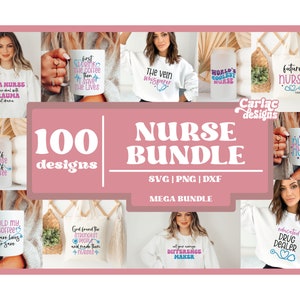 Può includere: Un collage di 100 disegni a tema infermieristico per progetti di artigianato. I disegni presentano tazze, borse a tracolla e magliette con vari detti e grafiche relative all'assistenza infermieristica. Il testo "100 designs" e "NURSE BUNDLE" sono visualizzati in uno schema di colori rosa e bianco.