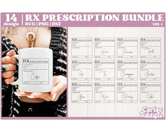 Puede incluir: Un conjunto de 14 etiquetas imprimibles "RX Prescription" en blanco y negro con diferentes nombres de bebidas como "Café", "Vino", "Whisky" y "Vodka".