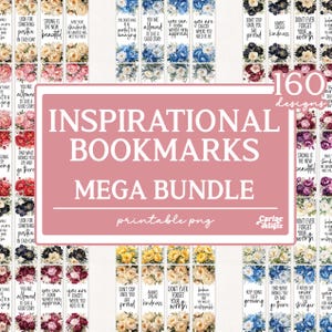 Puede incluir: Una colección de 160 marcadores imprimibles con diseños florales y citas inspiradoras. Los marcadores están en un paquete mega y están disponibles en formato PNG. Las citas incluyen "Estás permitido vivir una buena historia", "No te detengas hasta que estés orgulloso", "Siempre difunde amabilidad", "Nunca olvides tu valía", y "Encuentra lo que te trae alegría y ve allí".