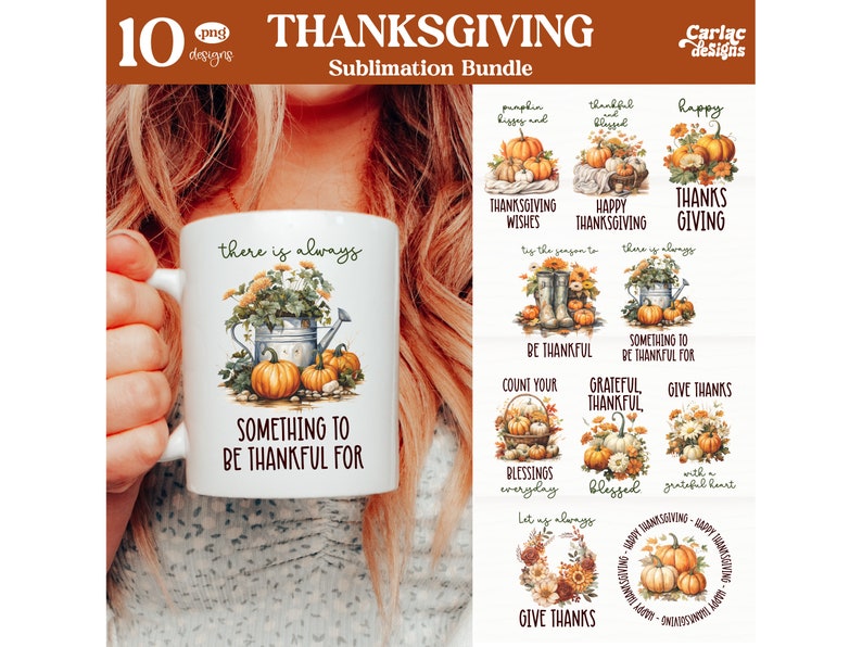 Puede incluir: Un conjunto de 10 dise&ntilde;os de sublimaci&oacute;n para el D&iacute;a de Acci&oacute;n de Gracias con calabazas, hojas de oto&ntilde;o y varias citas con tem&aacute;tica del D&iacute;a de Acci&oacute;n de Gracias. Los dise&ntilde;os incluyen frases como "Siempre hay algo por lo que estar agradecido", "Cuenta tus bendiciones todos los d&iacute;as" y "Da gracias con un coraz&oacute;n agradecido".