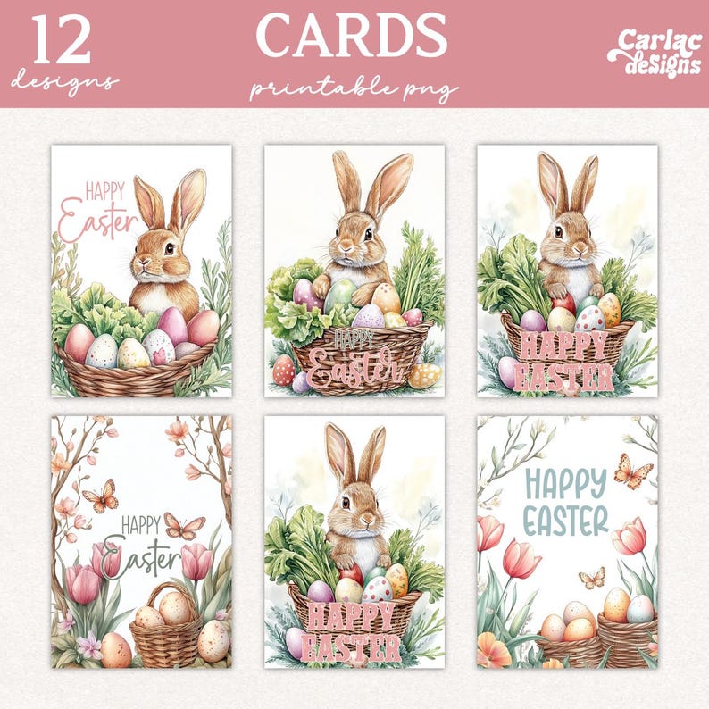 May include: Twelve printable Easter cards featuring watercolor illustrations of bunnies holding Easter eggs in baskets. The cards have a light pink background and feature the text "Happy Easter" in pink.