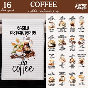 Op de afbeelding: Een set van 16 sublimatieontwerpen met koffiemokken met verschillende koffiegerelateerde citaten. De ontwerpen bevatten zinnen als "Gemakkelijk afgeleid door koffie", "Het leven gebeurt, koffie helpt" en "Mama heeft koffie nodig".