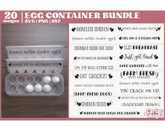 May include: A set of 20 printable designs for egg container labels. The designs feature various phrases related to eggs, chickens, and farming, such as "Boneless Chicken", "Straight Outta the Coop", "Farm Fresh Eggs", and "You Crack Me Up!" The designs are in black text on a white background.
