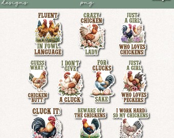 Funny Chicken Stickers PNG, Printable Sticker Sheet (10 Designs)