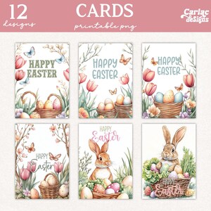 May include: Twelve printable Easter card designs featuring watercolor illustrations of bunnies, baskets of eggs, and flowers. The cards have the text "Happy Easter" or "Happy Easter!" on them.