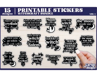 Witchcraft Sticker Bundle, Moon, Crystals (Printable PNG)