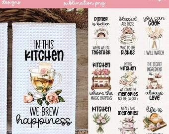 Puede incluir: Una colección de 12 diseños de sublimación con temática de cocina. Los diseños incluyen texto como "In This Kitchen We Brew Happiness" y otras frases. Los diseños presentan gráficos florales y relacionados con la cocina.