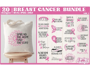 Könnte beinhalten: Ein Set mit 20 Designs zum Thema Brustkrebs-Sensibilisierung in Rosa und Weiß. Die Designs beinhalten Sätze wie "Spread the Hope Find the Cure", "You are not alone", "Hope Fight Believe", "Support the Fighters" und "I'm a Survivor".