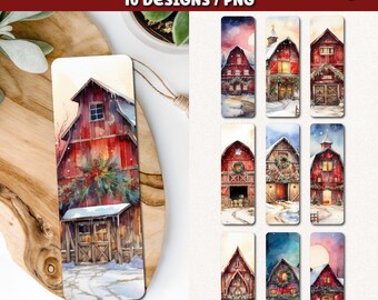 Christmas Barn Bookmarks, Winter Scene Watercolor Art (10 PNG Designs)