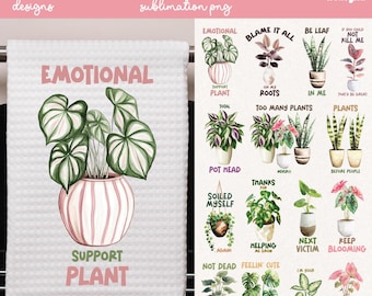 Puede incluir: Toalla blanca con textura de gofre con una ilustración de acuarela de una planta en maceta y las palabras "EMOTIONAL SUPPORT PLANT". La imagen también presenta 15 diseños de plantas con frases humorísticas como "BLAME IT ALL" y "TOO MANY PLANTS".