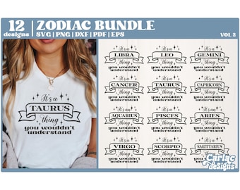 Może przedstawiać: Zestaw 12 czarno-białych wzorów znaków zodiaku. Każdy wzór zawiera znak zodiaku z tekstem "To jest rzecz [znak zodiaku], nie zrozumiesz." Wzory są w stylu vintage z banerem i gwiazdami.