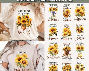 Sunflower T-shirt Sublimation PNG Bundle, 12 Designs (Digital Download)
