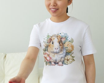 Guinea pig T-shirt with flowers, cute shirt for guinea pig moms, animal lovers, as a gift idea for friends, vets