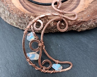 Moon pendant, copper wire a gem moon pendant necklace with adjustable leather cord.