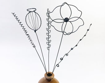 Bouquet of 5 flowers / grasses, everlasting wire flower bouquet, poppy, poppy seed head and grasses - iron wire bouquet - special gift