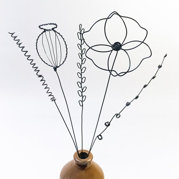 Bouquet of 5 flowers / grasses, everlasting wire flower bouquet, poppy, poppy seed head and grasses - iron wire bouquet - special gift