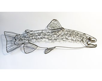 One-of-a-Kind Brown Trout Wall Decor - Handmade Iron Wire Art with Coffee Bean Jasper Eye - Unique Gift Idea