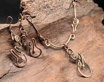 Hei Matau inspired earrings and necklace set, unique handmade copper and brass