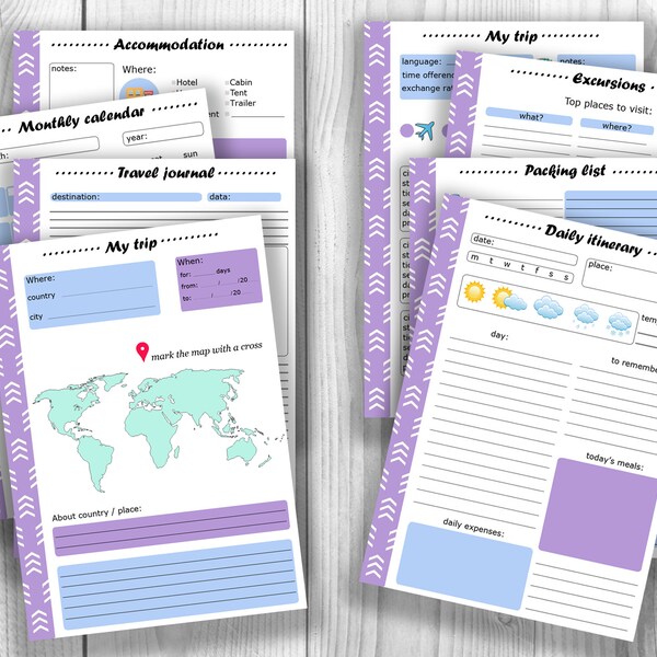 TRAVEL PLANNER Vacation printable Journal Trip organizer Daily itinerary Packing list Trip details sheet Holiday checklist Print card