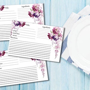 Conjunto de cartões de receita de cozinha, modelo ilustrado, receita pion, cozinha estacionária, aquarela, folha de cozinha, livro de cozinha em branco, nota para impressão