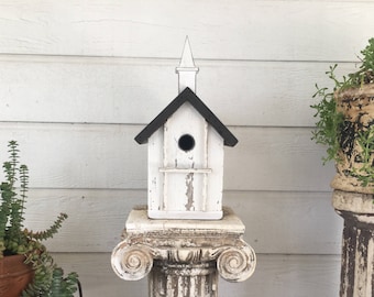 Charcoal and White Church Birdhouse