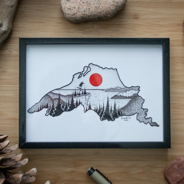 Lake Superior Silhouette - Pen en Inkt PRINT - (2020-ontwerp)