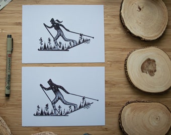 Cross Country Skiers - Pen and Ink PRINTS