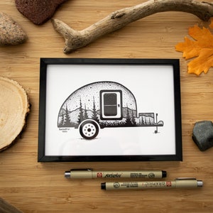 Teardrop Camping Trailer Pen and Ink PRINT image 1