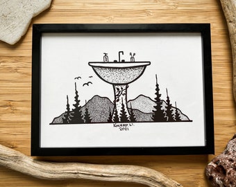 Bathroom Sink - Nature Themed Pen and Ink PRINT