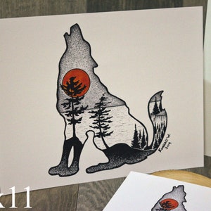 May include: Black and white illustration of a wolf howling at the moon. The wolf's silhouette is filled with a forest scene, including trees, a lake, and a red sun. The artwork is signed "Kumacziw" and dated "2019".