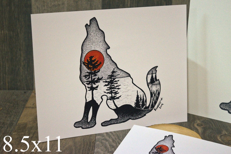 May include: Black and white illustration of a wolf howling at the moon. The wolf's silhouette is filled with a forest scene, including trees, a lake, and a red sun. The artwork is signed "Kumacziw" and dated "2019".