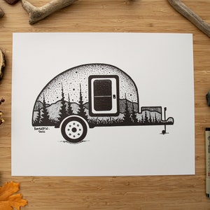 Teardrop Camping Trailer Pen and Ink PRINT 11x14 inches